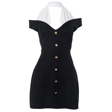 MQTIME  -  Black and White Patchwork Halterneck Mini Dress Elegant Outfits Button Up A Line Dresses Summer Y2k Woman New